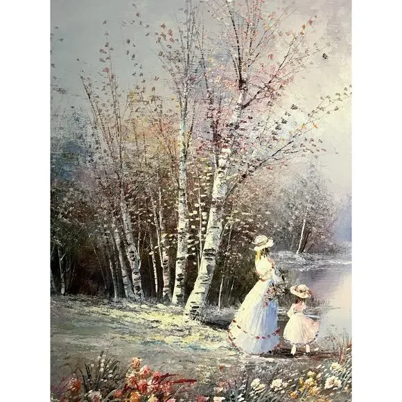 Vintage Original Oil Canvas Mother Daughter Forest Of Flowers Signed Walton